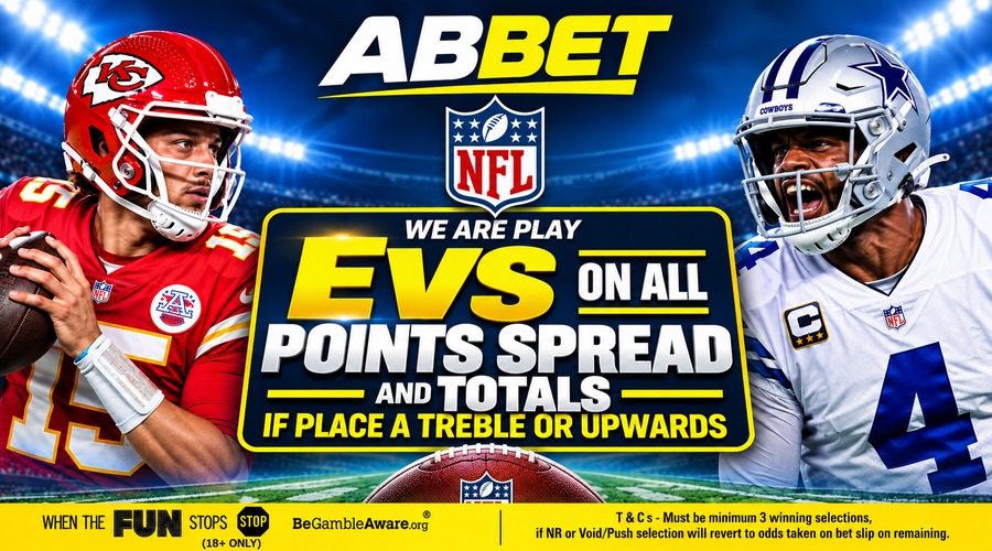 EVS on both sides on NFL Point Spread and Totals £200 max bet